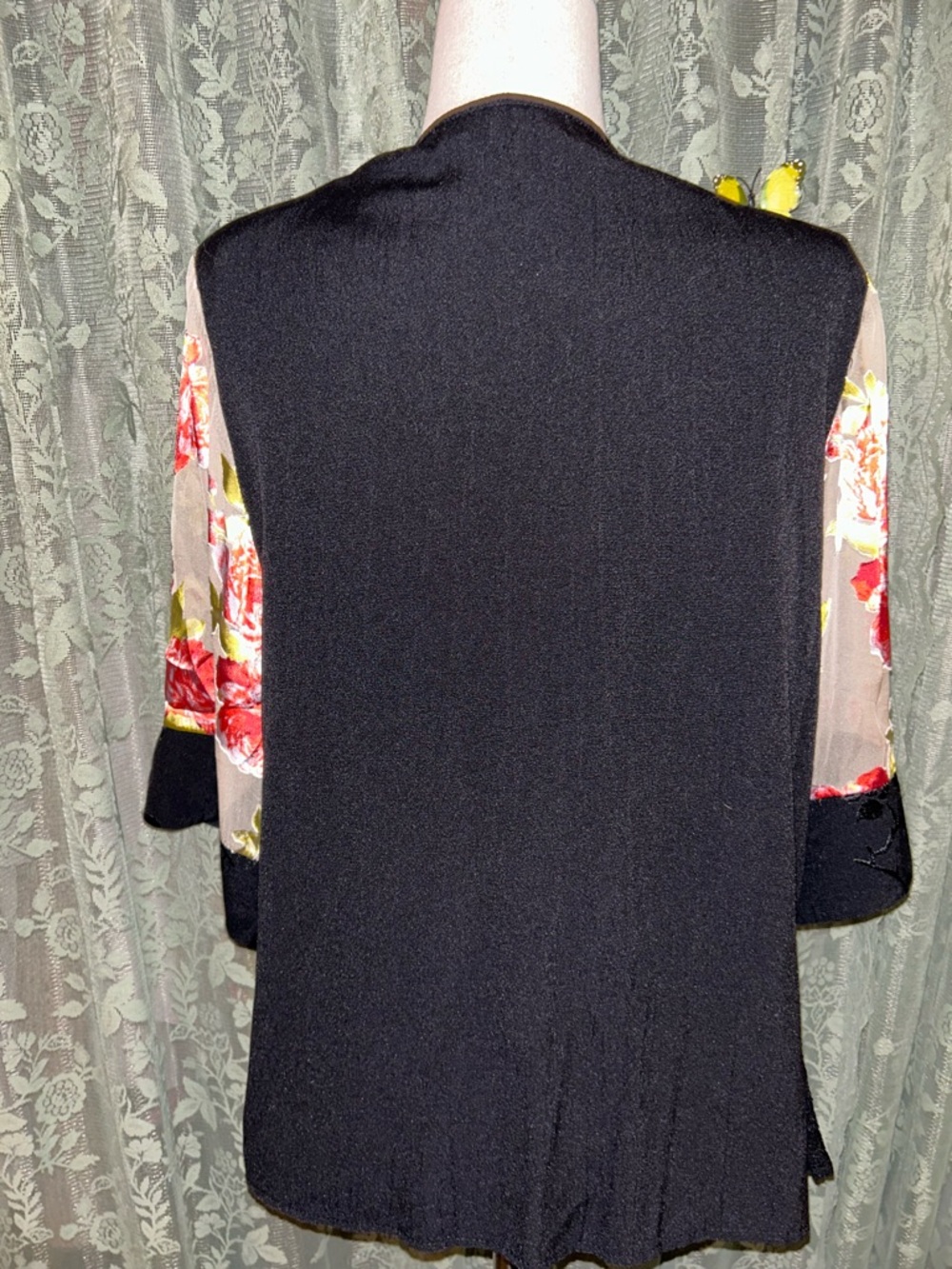 Bohemian Japanese Inspired Floral & Lace Open Front Silk Blend Cardigan Kimono - Picture 3 of 5
